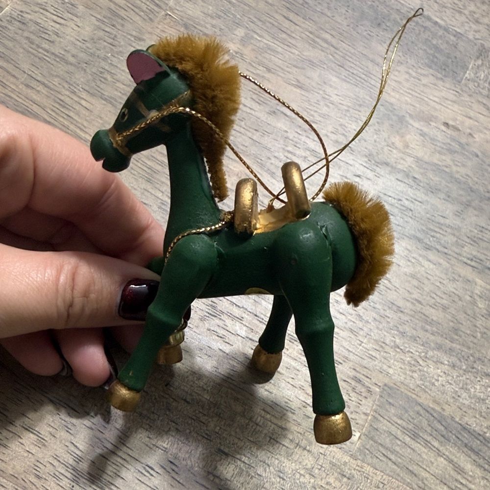 Vintage Russ Berrie Wooden Horse Christmas Ornament – Green & Gold with Mane